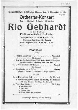 Programmzettel für ein Orchester-Konzert mit Rio Gebhardt (in HN geb.) im Konzerthaus Breslau