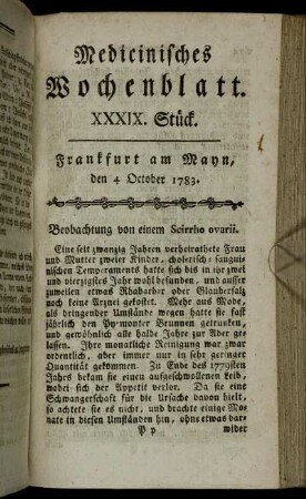 XXXIX. Stück. Frankfurt am Mayn, den 4 October 1783.