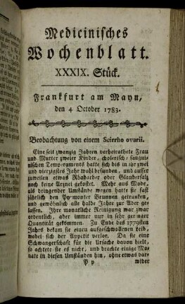 XXXIX. Stück. Frankfurt am Mayn, den 4 October 1783.