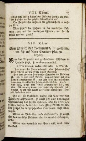 VIII. Titul. Vom Marsch des Regiments, in Colonne, um sich auf seinen Exercier-Platz zu begeben.