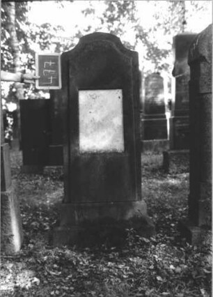 Grabstein 477 (Index: 100111663) Material: Sandstein, weiße Marmorplatte Zustand: gut, Schriftplatte ohne Inschrift Maße HxBxT: 154x54x22 cm Beschreibung: konische Stele, getrepper Sockel, Konvexbogenabschluß, Schriftplatte: Grabstein 477