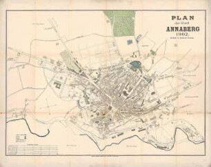 Stadtplan von Annaberg, 1:3 000, Lithographie, 1902 : Annaberg  : Plan der Stadt Annaberg / bearbeitet vom Stadtbauamt Annaberg. - 1:3 000. - Annaberg : Weisbach & Waengler , 1902. - 1 Kt. : mehrfarb. Lithogr. ; 80 x 58 cm