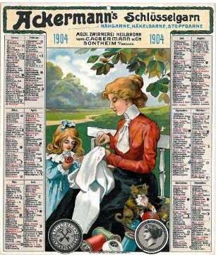 Werbekalender für Ackermann's Schlüsselgarn (Motiv Nähende Frau mit Kind und Katze)