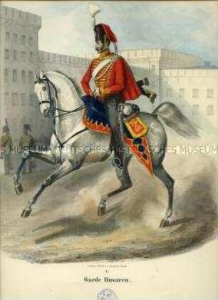 Uniformdarstellung, Husar des Garde-Husaren-Regiments zu Pferd, Preußen 1843/1845. Aus: Sachse: Das Preussische Heer. Tafel 4.