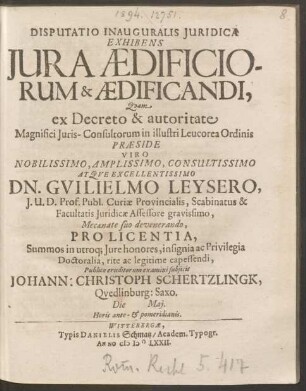 Disputatio Inauguralis Iuridica Exhibens Iura Aedificiorum & Aedificandi