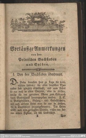Vorläufige Anmerkungen von den Polnischen Buchstaben und Sylben