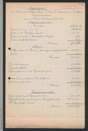 Kassenbericht der Ferdinand und Luise Lenz-Stiftung des ADF vom 01.10.1910 bis 30.09.1911