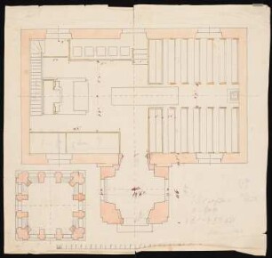 Turmneubau und Innenraumumgestaltung einer Kirche: Ansichten, Grundrisse, Schnitte, Detailstudien
