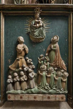 Maria-Schlaf-Altar — Maria mit Kind und Stifterfamilie (Ulrich von Werstatt, seine Frau Gutge Schelm un deren siebzehn Kinder)