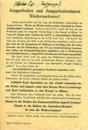Propagandaflugblatt einer linksradikalen Jugendorganisation mit dem Aufruf zur Wiederbelebung des Spartakus-Bundes