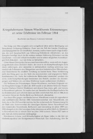Kriegsfuhrmann Simon Wieckhorsts Erinnerungen an seine Erlebnisse im Februar 1864