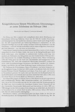 Kriegsfuhrmann Simon Wieckhorsts Erinnerungen an seine Erlebnisse im Februar 1864