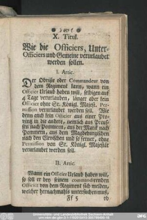 X. Titul. Wie die Officiers, Unter-Officiers und Gemeine verurlaubet werden sollen.