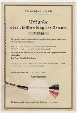 Patenturkunde für Kurt Maetzig und Robert Anderle