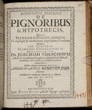 Disputatio Iuridica De Pignoribus & Hypothecis