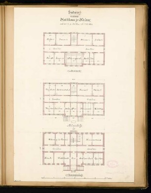 Rathaus, Calau Monatskonkurrenz März 1879: Grundriss Keller, Erdgeschoss, Obergeschoss; Maßstabsleiste