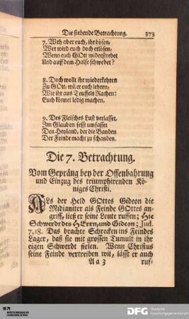 Die 7. Betrachtung. Vom Gepräng bey der Offenbahrung und Einzug des triumphirenden Königes Christi.