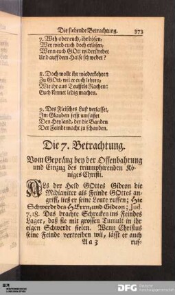 Die 7. Betrachtung. Vom Gepräng bey der Offenbahrung und Einzug des triumphirenden Königes Christi.
