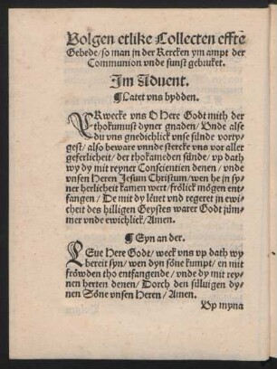 Volgen etlicke Collecten effte Gebede/ so man in der Kercken ym ampt der Communion und sunst gebruket.