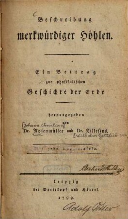 Beschreibung merkwürdiger Höhlen : ein Beitrag zur physikalischen Geschichte der Erde, [1]