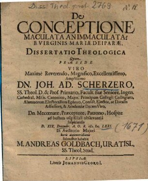 De Conceptione Maculata An Immaculata? B. Virginis Mariae Deiparae, Dissertatio Theologica