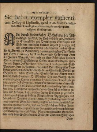 Sic habet exemplar authenticum Colloquii Lipsiensis, quod in archivis Facultatis nostrae Theologicae asservatur, ab utraque parte [...] subscriptum.
