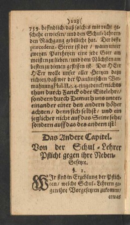 Das Andere Capitel. Von der Schul-Lehrer Pflicht gegen ihre Neben-Gesetzte.