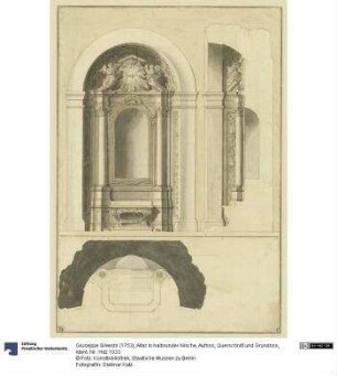 Altar in halbrunder Nische, Aufriss, Querschnitt und Grundriss
