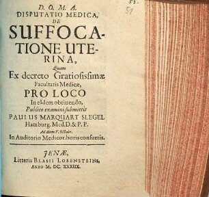 Disputatio Medica, De Suffocatione Uterina
