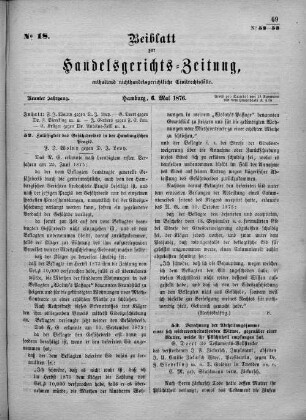 Beiblatt zur hamburgischen Handelsgerichts-Zeitung No. 18. Neunter Jahrgang. Hamburg, 6. Mai 1876.