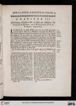 Chapitre III: Observations physiques &c. ou Essai sur l’Histoire Naturelle de la Syrie, de la Phenicie & de la Terre Sainte