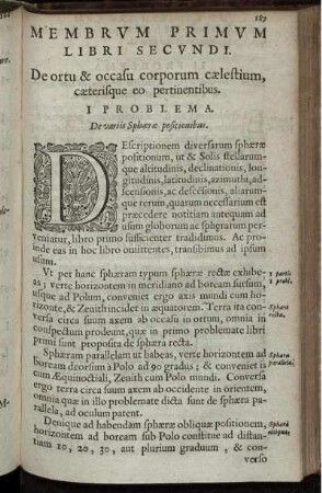 Membrum Primum libri Secundi. De ortu & occasu corporum caelestium, caeterisque eo pertinentibus.