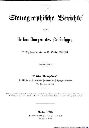 Verhandlungen des Reichstages. Stenographische Berichte. 110. 1888/89