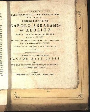Viro Illvstrissimo Excellentissimo Perillvstri ... Carolo Abrahamo De Zedlitz ...