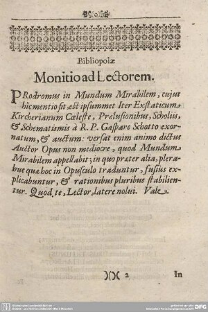 Bibliopolae Monitio ad Lectorem.