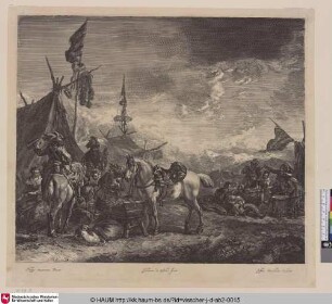 [Das Pferd vor der Krippe am Lager; Horse at a trough]