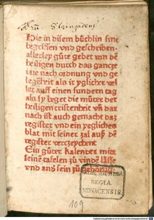 Hie in disem buechlin sint begriffen vnd geschriben. allerley guote gebet von den heiligen durch das gancze iare nach ordnung vnd gelegenheit als ir yglicher vellet auff einen sundern tag