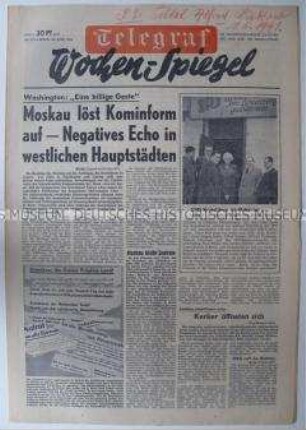 Wochenausgabe der West-Berliner Tageszeitung "Telegraf" u.a. zur Auflösung des Komministischen Informationsbüros (Kominform)