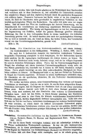 589, Penta. Die Simulation von Geisteskrankheiten. 1906