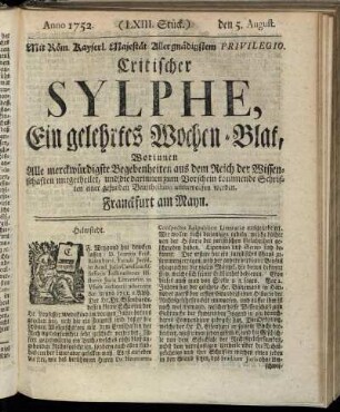 (LXIII. Stück.) den 5. August. Anno 1752.