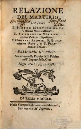 Relazione del Martirio de'Padri F. Pietro Martire Sans ... Vescovo Mauricastrense