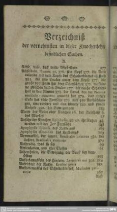 Verzeichniß der vornehmsten in dieser Knochenlehre befindlichen Sachen