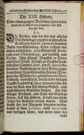 Die XXII. Historie. Von einem jungen Adelichen Herrn, der sonderbare Sterbens-Begierde von sich bezeiget hat.