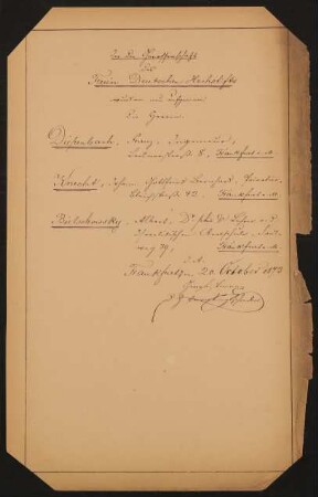 Liste "In die Genossenschaft des Freien Deutschen Hochstiftes wurden neu aufgenommen..." (20.10.1873)