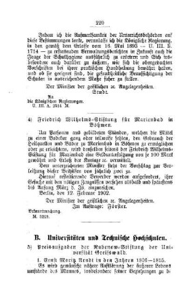 Peisaufgaben der Rubenow-Stiftung der Universität Greifswald : [B. Universitäten und Technische Hochschulen]