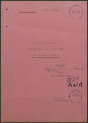 Angeklagte: Baumann, Willibald (Stanzer); Dauchingen *06.07.1880 in Dauchingen; + ? Baumann, Rudolf (Fabrikarbeiter); Dauchingen *16.04.1902 in Dauchingen; + ? Delikt: Verbrechen gegen die Kriegswirtschaftsverordnung Schwarzschlachtung Tatort: Dauchingen Tatzeit: Dezember 1941-Januar 1942