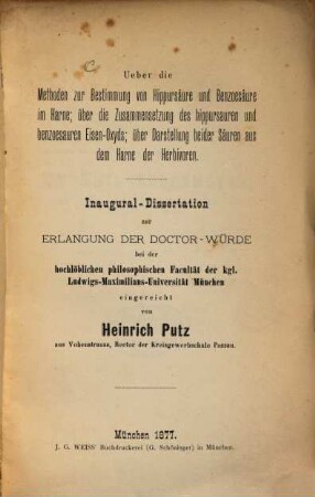 Über die Methoden zur Bestimmung von Hippursäure und Benzoesäure in Harne; über die Zusammensetzung des hippursauren und benzoesauen Eisen-Oxyds; über Darstellung beider Säuren aus dem Harne der Herbivoren