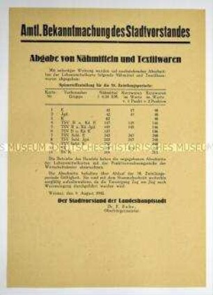 Amtliche Bekanntmachung des Stadtvorstandes von Weimar zur Zuteilung von Stoffen und Nähzubehör