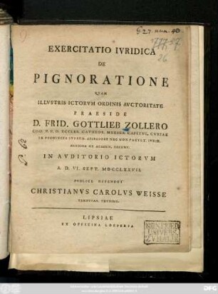 Exercitatio Ivridica De Pignoratione