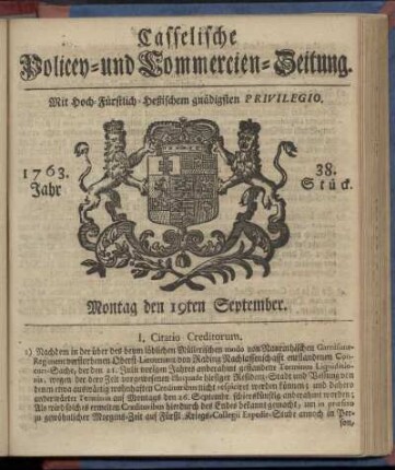 38. Stueck, Montag den 19ten September 1763